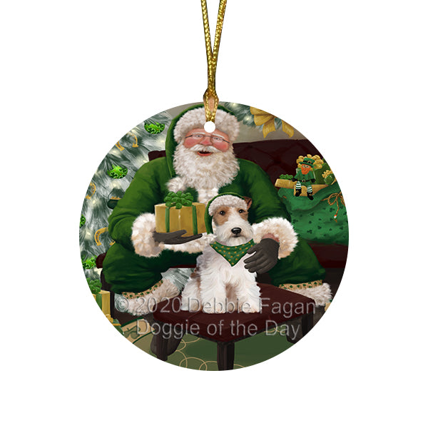 Christmas Irish Santa with Gift and Wire Fox Terrier Dog Round Flat Christmas Ornament RFPOR57922