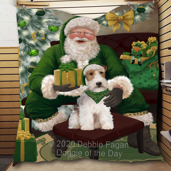Christmas Irish Santa with Gift and Wire Fox Terrier Dog Quilt Bed Coverlet Bedspread - Pets Comforter Unique One-side Animal Printing - Soft Lightweight Durable Washable Polyester Quilt