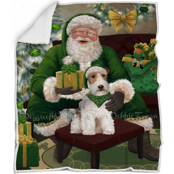 Christmas Irish Santa with Gift and Wire Fox Terrier Dog Blanket BLNKT141318