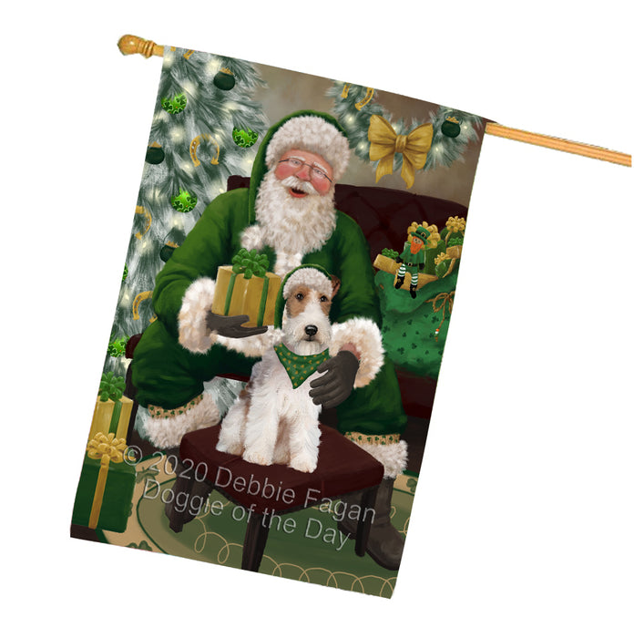Christmas Irish Santa with Gift and Wire Fox Terrier Dog House Flag FLG66694