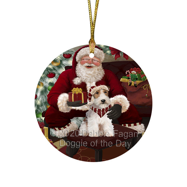 Santa's Christmas Surprise Wire Fox Terrier Dog Round Flat Christmas Ornament RFPOR58020
