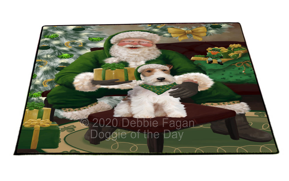 Christmas Irish Santa with Gift and Wire Fox Terrier Dog Indoor/Outdoor Welcome Floormat - Premium Quality Washable Anti-Slip Doormat Rug FLMS57139