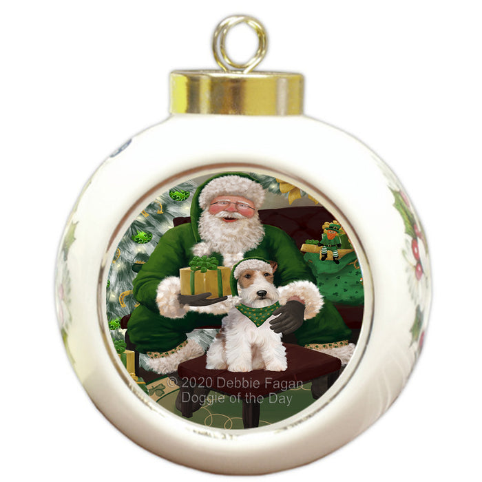 Christmas Irish Santa with Gift and Wire Fox Terrier Dog Round Ball Christmas Ornament RBPOR57922