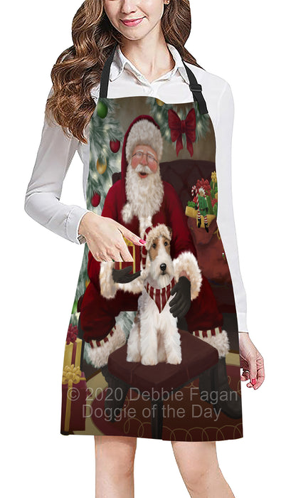 Santa's Christmas Surprise Wire Fox Terrier Dog Apron - Adjustable Long Neck Bib for Adults - Waterproof Polyester Fabric With 2 Pockets - Chef Apron for Cooking, Dish Washing, Gardening, and Pet Grooming
