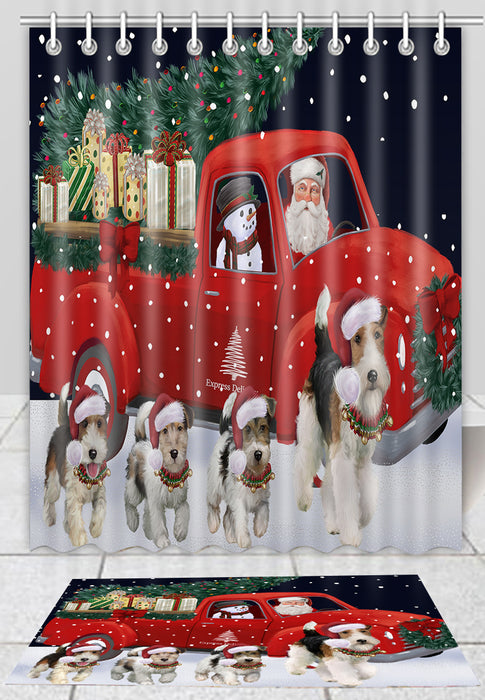 Christmas Express Delivery Red Truck Running Fox Terrier Dogs Bath Mat and Shower Curtain Combo