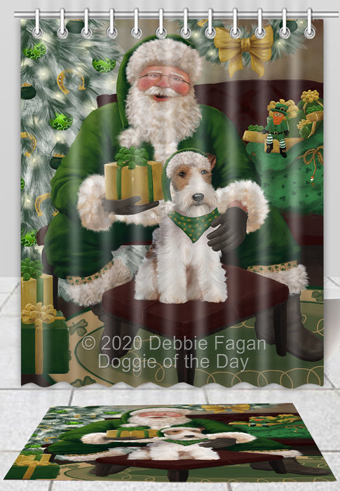 Christmas Irish Santa with Gift Wire Fox Terrier Dog Bath Mat and Shower Curtain Combo