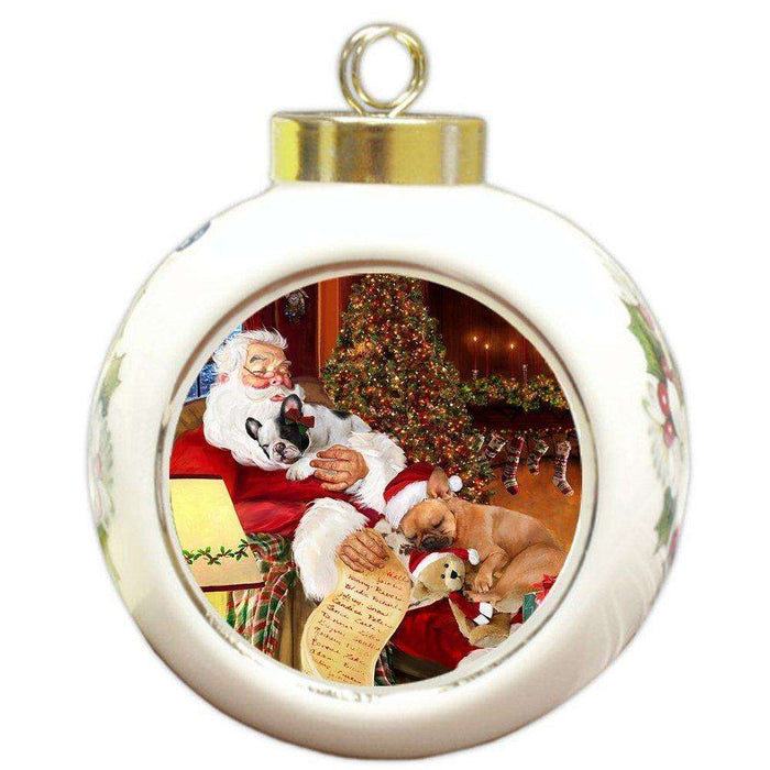 French Bulldog Dog and Puppies Sleeping with Santa Round Ball Christmas Ornament D434