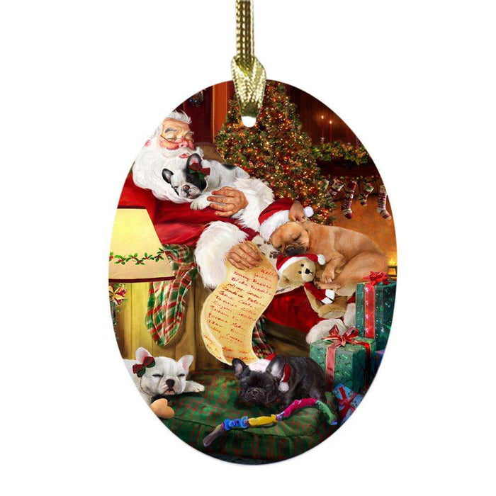 French Bulldogs and Puppies Sleeping with Santa Oval Glass Christmas Ornament OGOR49279