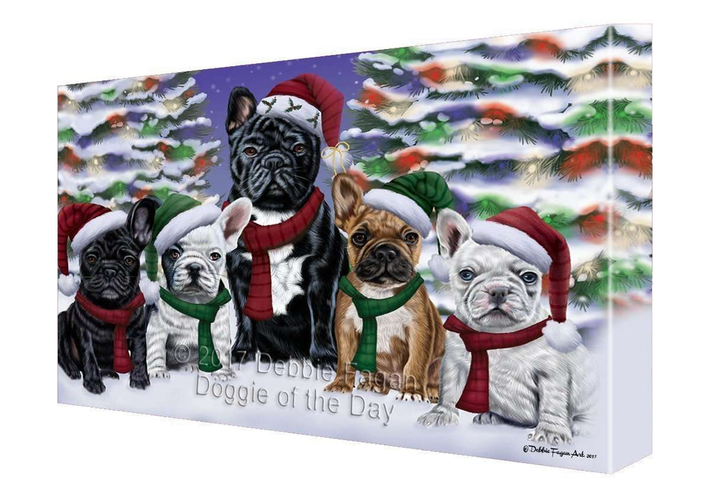 French Bulldogs Dog Christmas Family Portrait in Holiday Scenic Background Canvas Wall Art