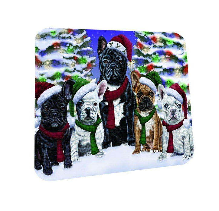 French Bulldogs Dog Christmas Family Portrait in Holiday Scenic Background Coasters Set of 4