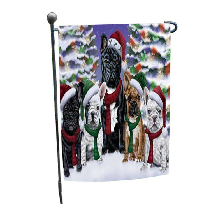 French Bulldogs Dog Christmas Family Portrait in Holiday Scenic Background Garden Flag