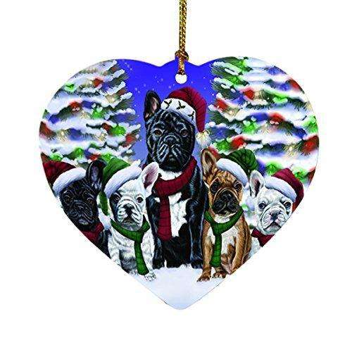 French Bulldogs Dog Christmas Family Portrait in Holiday Scenic Background Heart Ornament D140