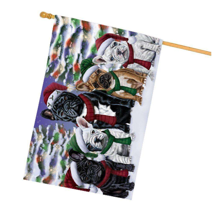 French Bulldogs Dog Christmas Family Portrait in Holiday Scenic Background House Flag
