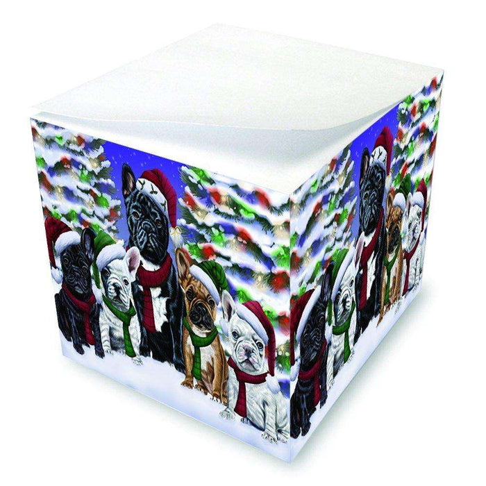 French Bulldogs Dog Christmas Family Portrait in Holiday Scenic Background Note Cube D160