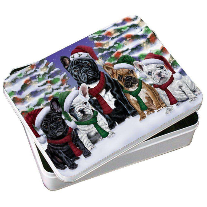 French Bulldogs Dog Christmas Family Portrait in Holiday Scenic Background Photo Storage Tin
