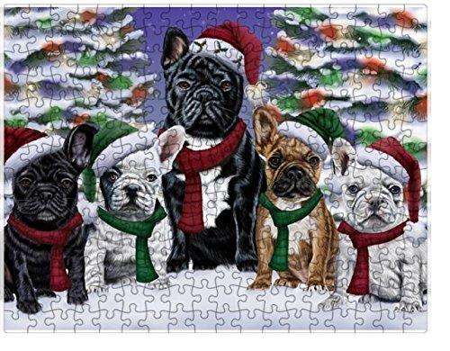 French Bulldogs Dog Christmas Family Portrait in Holiday Scenic Background Puzzle with Photo Tin