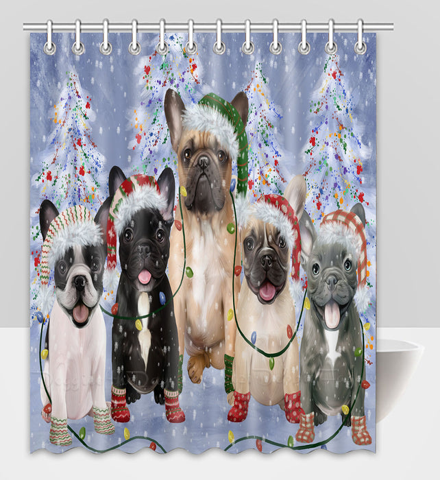 Christmas Lights and French Bulldogs Shower Curtain Pet Painting Bathtub Curtain Waterproof Polyester One-Side Printing Decor Bath Tub Curtain for Bathroom with Hooks