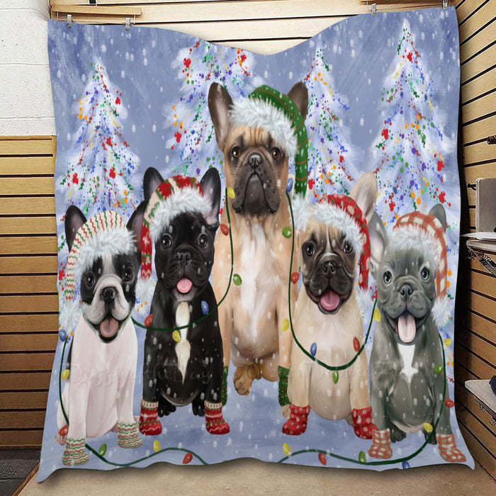Christmas Lights and French Bulldogs  Quilt Bed Coverlet Bedspread - Pets Comforter Unique One-side Animal Printing - Soft Lightweight Durable Washable Polyester Quilt