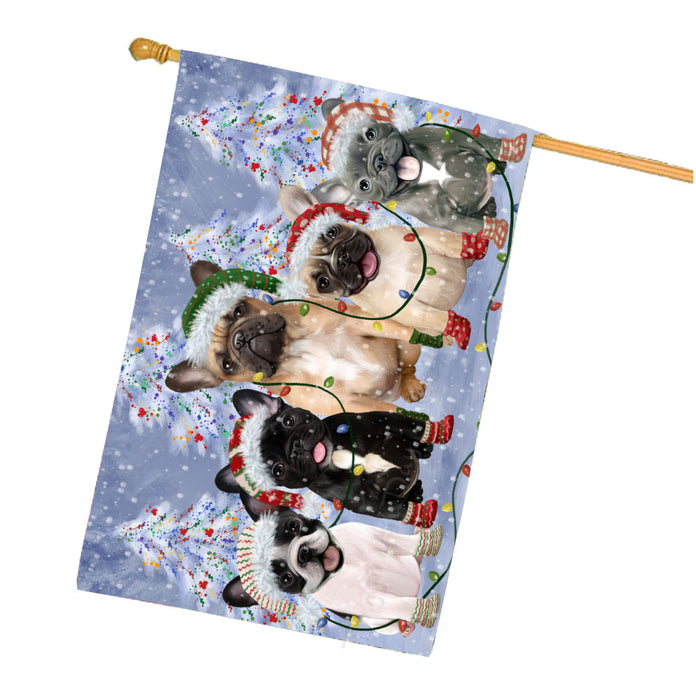 Christmas Lights and French Bulldogs House Flag Outdoor Decorative Double Sided Pet Portrait Weather Resistant Premium Quality Animal Printed Home Decorative Flags 100% Polyester