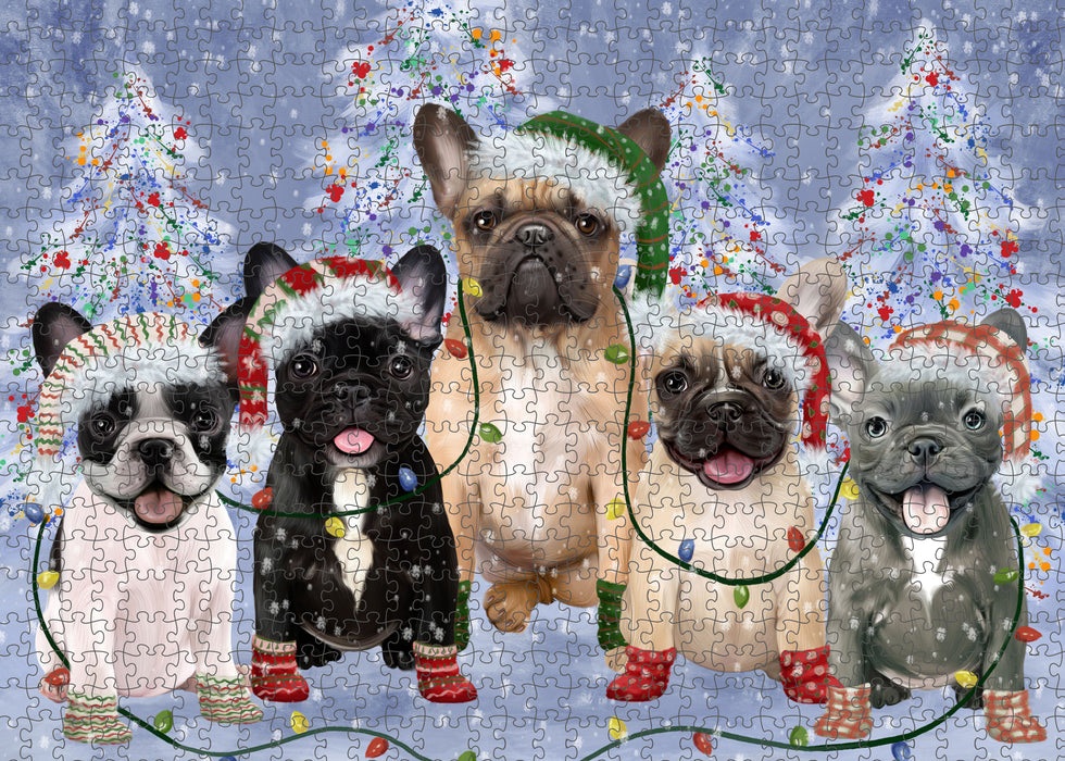 Christmas Lights and French Bulldogs Portrait Jigsaw Puzzle for Adults Animal Interlocking Puzzle Game Unique Gift for Dog Lover's with Metal Tin Box