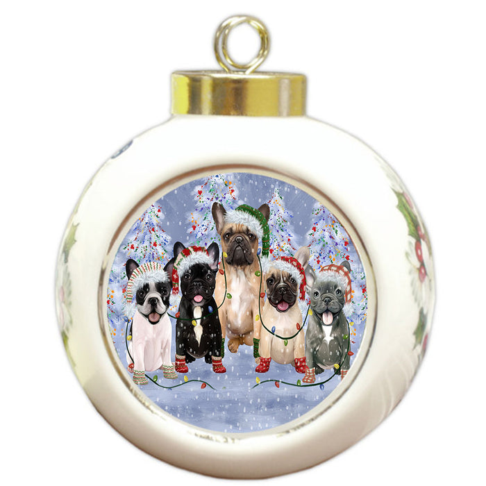 Christmas Lights and French Bulldogs Round Ball Christmas Ornament Pet Decorative Hanging Ornaments for Christmas X-mas Tree Decorations - 3" Round Ceramic Ornament