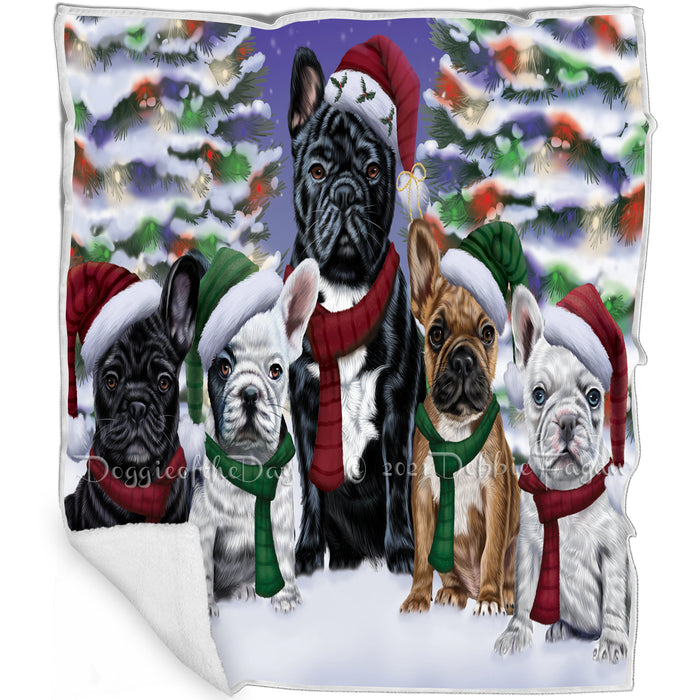 French Bulldogs Dog Christmas Family Portrait in Holiday Scenic Background Art Portrait Print Woven Throw Sherpa Plush Fleece Blanket