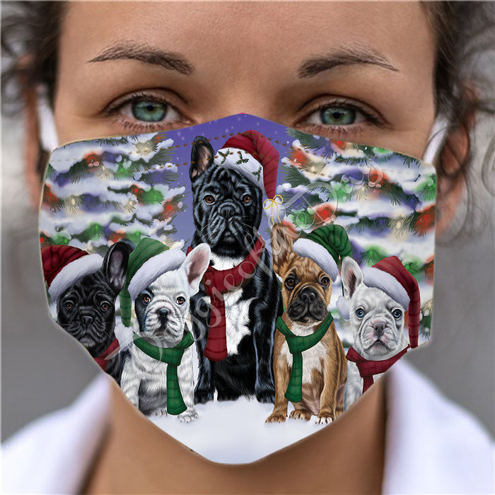 French Bulldogs Christmas Family Portrait in Holiday Scenic Background Face Mask FM48345