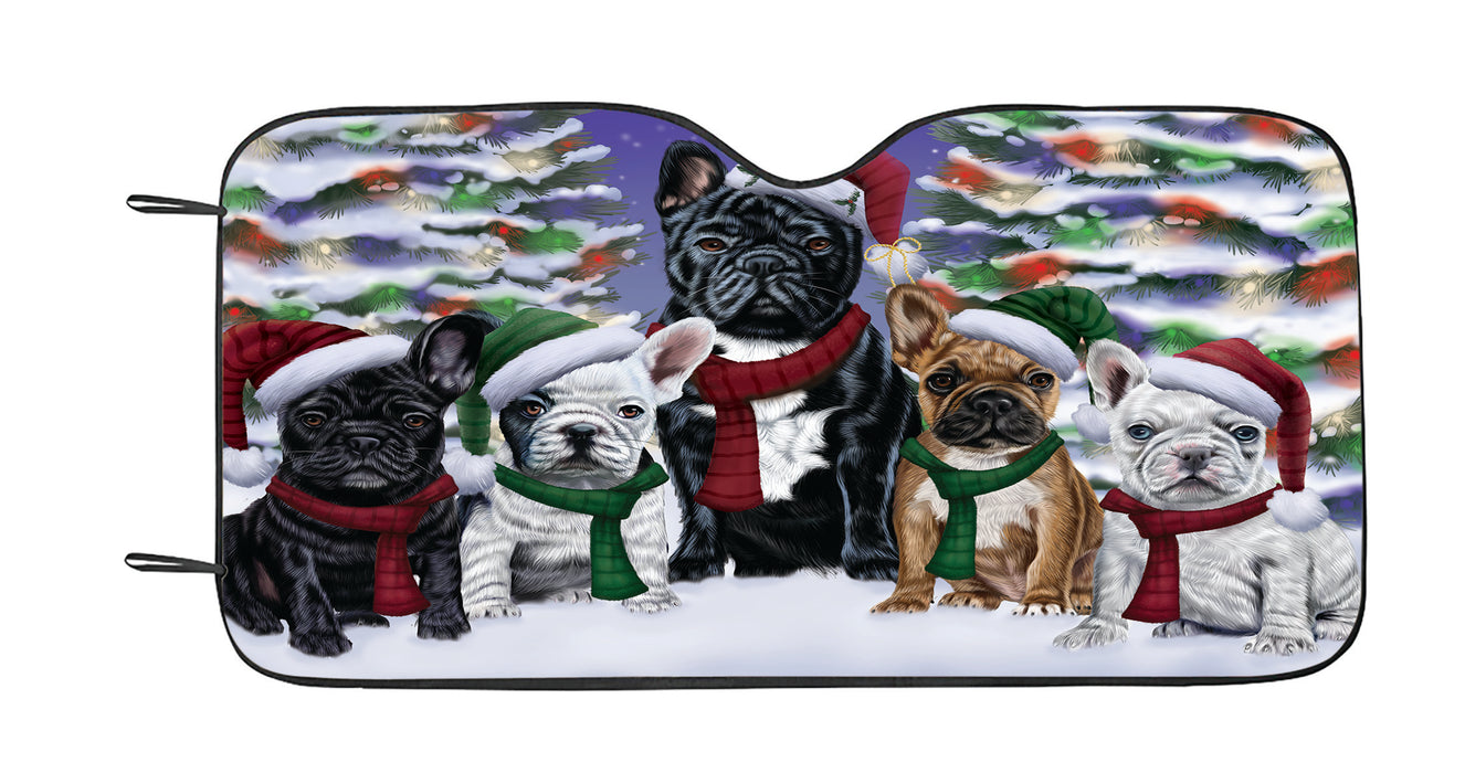 French Bulldogs Christmas Family Portrait in Holiday Scenic Background Car Sun Shade