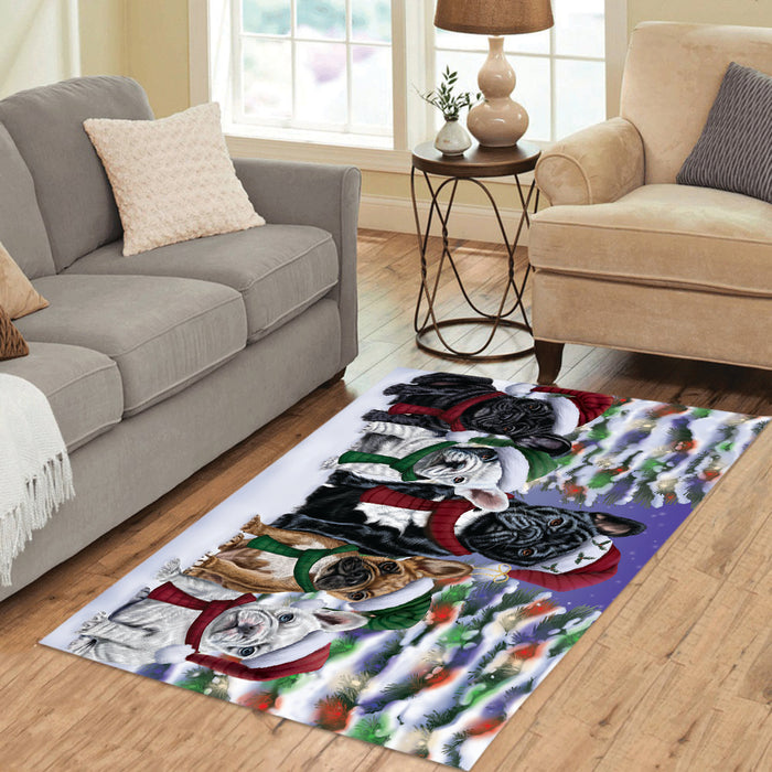 French Bulldogs Christmas Family Portrait in Holiday Scenic Background Area Rug