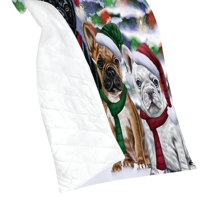 French Bulldogs Christmas Family Portrait in Holiday Scenic Background Quilt