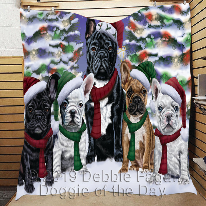 French Bulldogs Christmas Family Portrait in Holiday Scenic Background Quilt