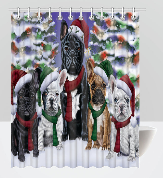 French Bulldogs Christmas Family Portrait in Holiday Scenic Background Shower Curtain