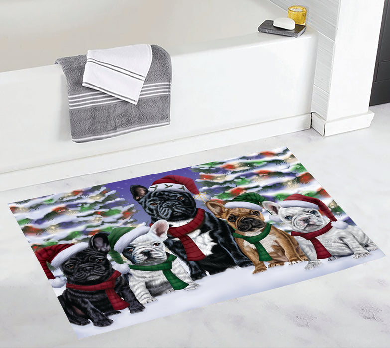 French Bulldogs Christmas Family Portrait in Holiday Scenic Background Bath Mat