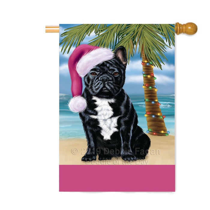 Personalized Summertime Happy Holidays Christmas French Bulldog on Tropical Island Beach Custom House Flag FLG-DOTD-A60532