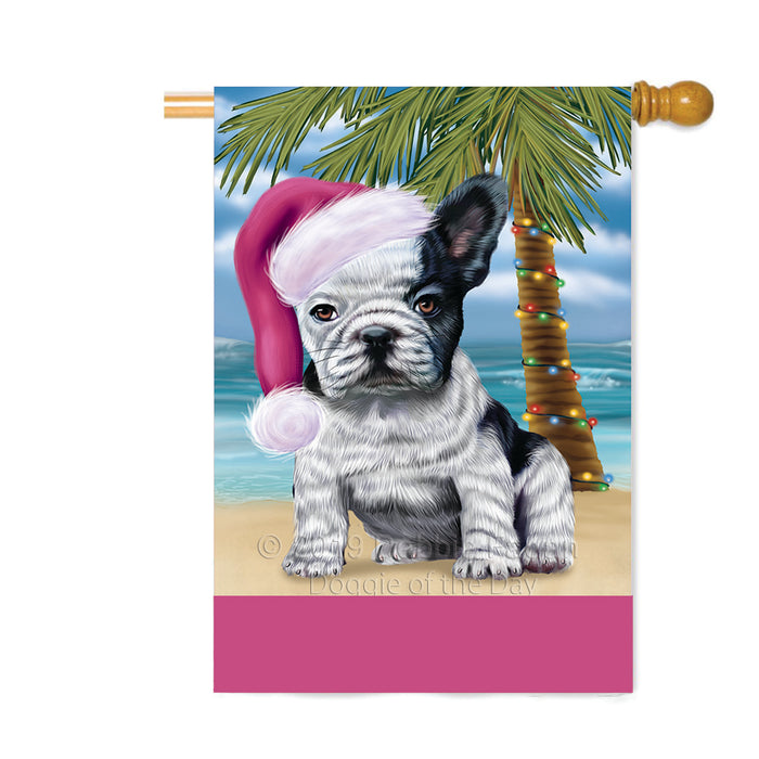 Personalized Summertime Happy Holidays Christmas French Bulldog on Tropical Island Beach Custom House Flag FLG-DOTD-A60533