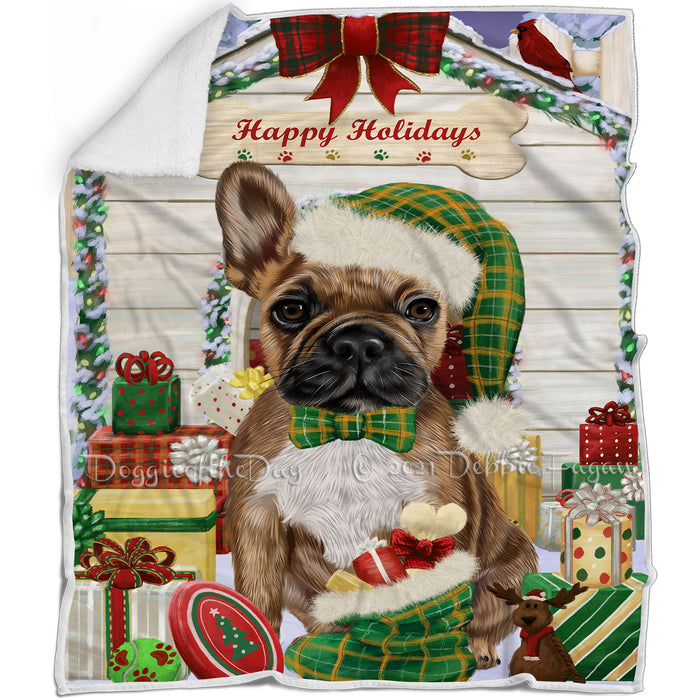 Happy Holidays Christmas French Bulldog House with Presents Blanket BLNKT78924