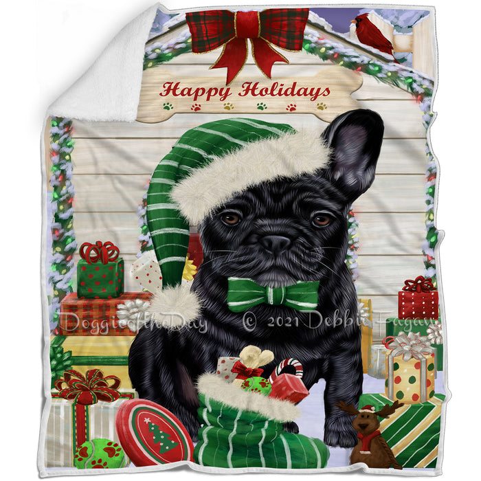 Happy Holidays Christmas French Bulldog House with Presents Blanket BLNKT78933