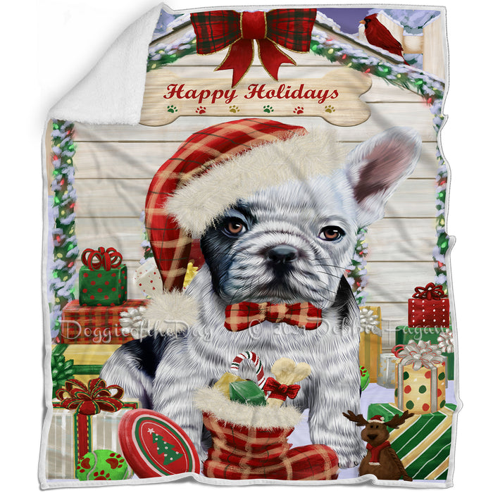 Happy Holidays Christmas French Bulldog House with Presents Blanket BLNKT78942