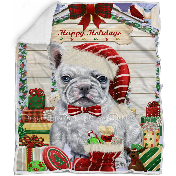 Happy Holidays Christmas French Bulldog House with Presents Blanket BLNKT78951