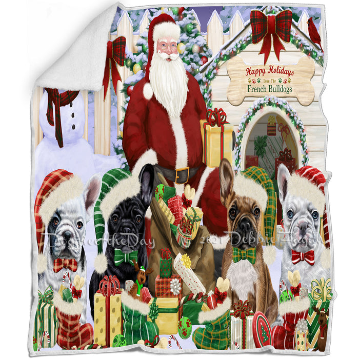 Happy Holidays Christmas French Bulldogs House Gathering Blanket BLNKT78600