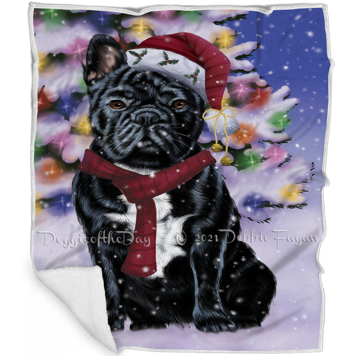 Winterland Wonderland French Bulldogs Adult Dog In Christmas Holiday Scenic Background Blanket