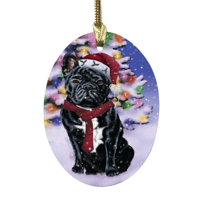 Winterland Wonderland French Bulldog In Christmas Holiday Scenic Background Oval Glass Christmas Ornament OGOR49572