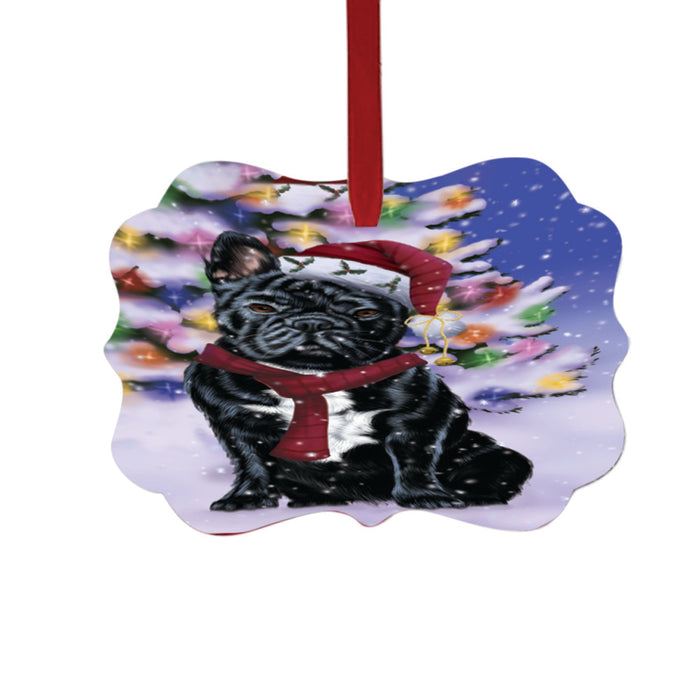 Winterland Wonderland French Bulldog In Christmas Holiday Scenic Background Double-Sided Photo Benelux Christmas Ornament LOR49572