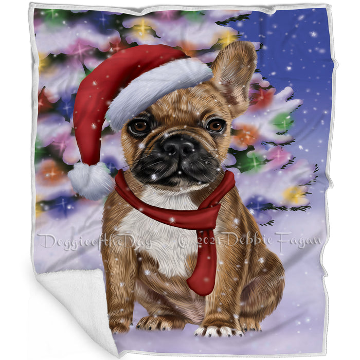 Winterland Wonderland French Bulldogs Puppy Dog In Christmas Holiday Scenic Background Blanket