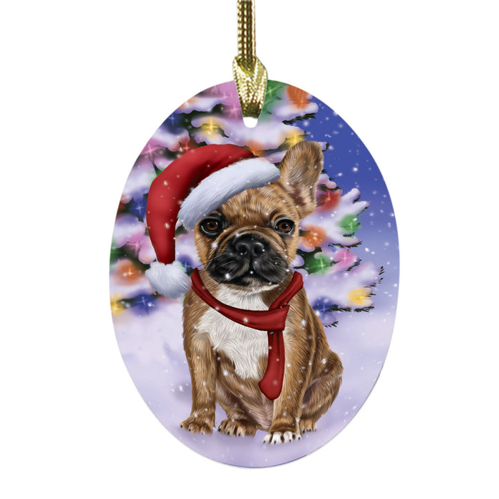 Winterland Wonderland French Bulldog In Christmas Holiday Scenic Background Oval Glass Christmas Ornament OGOR49573