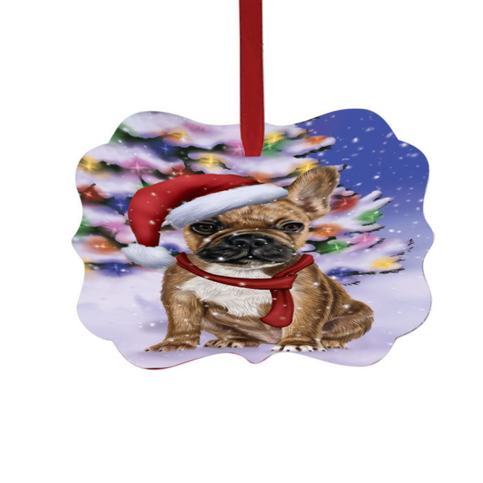 Winterland Wonderland French Bulldog In Christmas Holiday Scenic Background Double-Sided Photo Benelux Christmas Ornament LOR49573