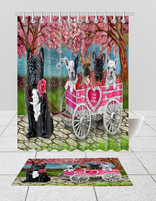 I Love French Bulldogs in a Cart Bath Mat and Shower Curtain Combo