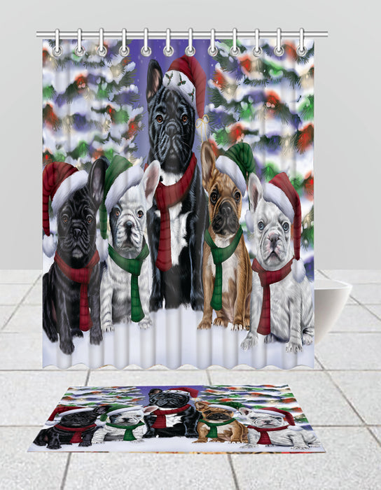 French Bulldogs Christmas Family Portrait in Holiday Scenic Background  Bath Mat and Shower Curtain Combo