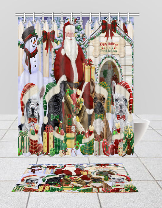 Happy Holidays Christmas French Bulldogs House Gathering Bath Mat and Shower Curtain Combo