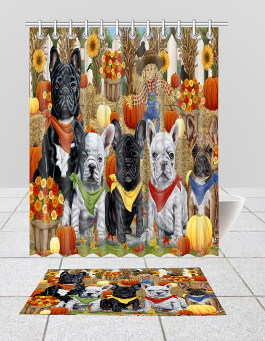 Fall Festive Harvest Time Gathering French BullDogs Bath Mat and Shower Curtain Combo